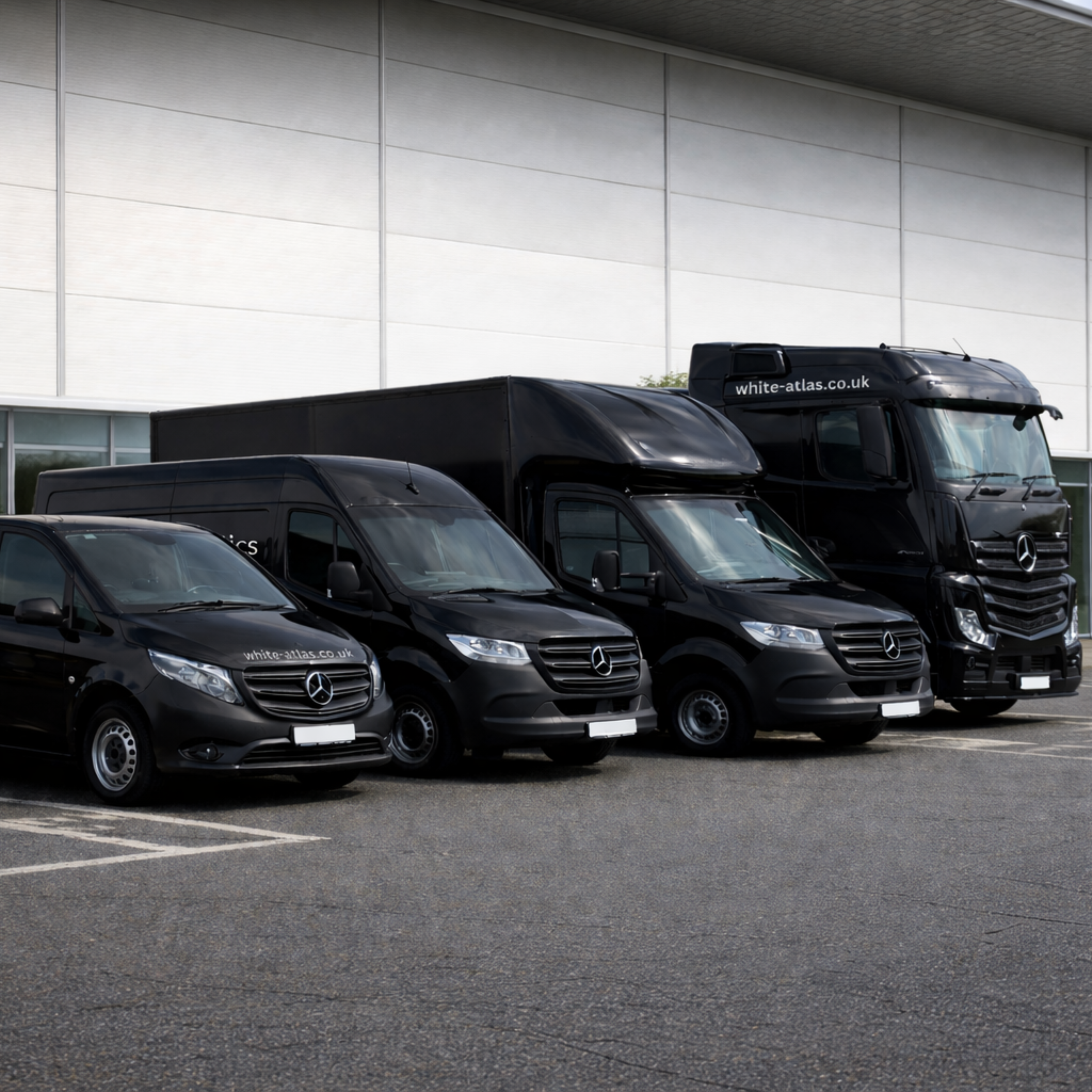 Black White Atlas Logistics fleet vehicles used for dedicated UK and European courier deliveries