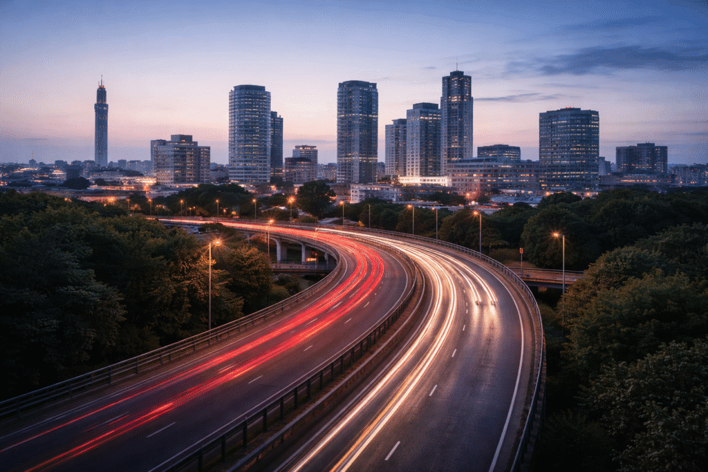 Same-day courier vehicle operating in Birmingham city centre with light trails