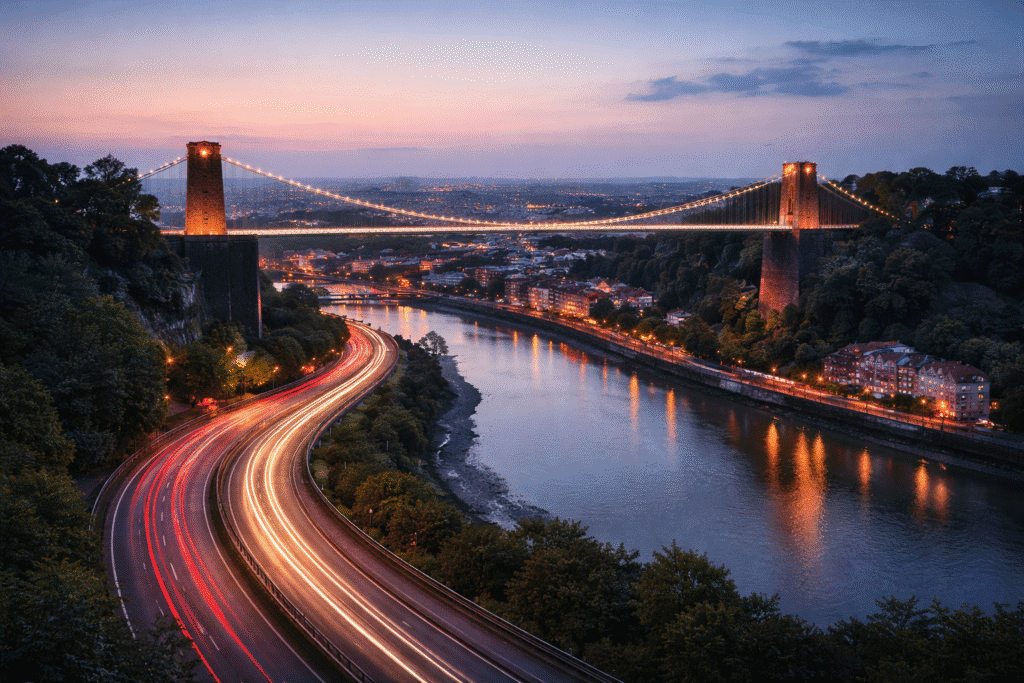 Time-critical courier delivery operating in Bristol with UK road network light trails