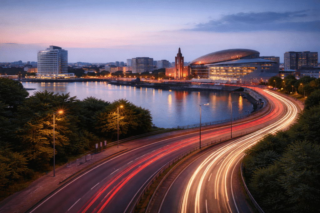 Same-day courier service operating in Cardiff, Wales with traffic light trails