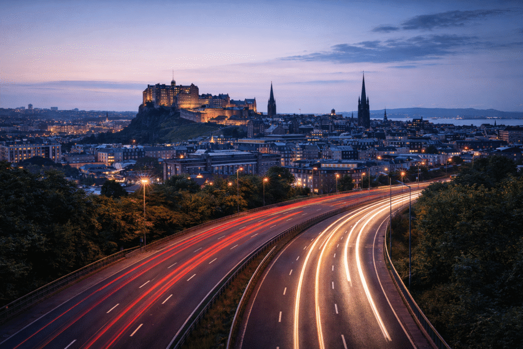 Urgent courier delivery operating in Edinburgh city centre at twilight