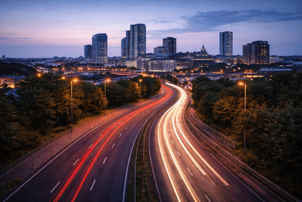Same-day courier vehicle operating in Leeds city centre during evening traffic