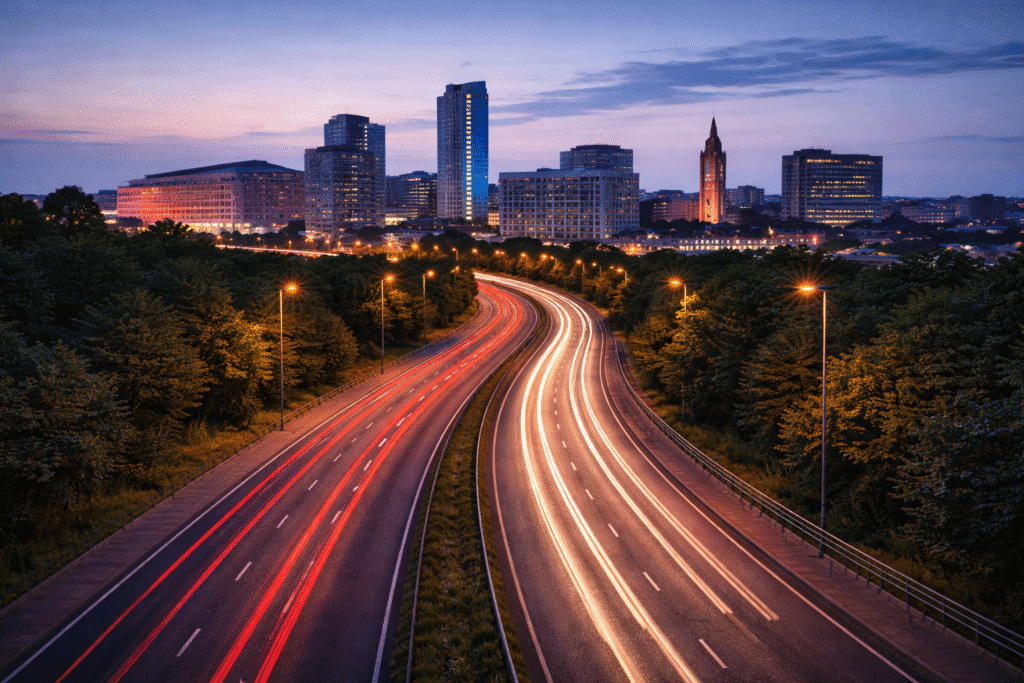 Urgent courier delivery operating in Leicester with UK road network light trails