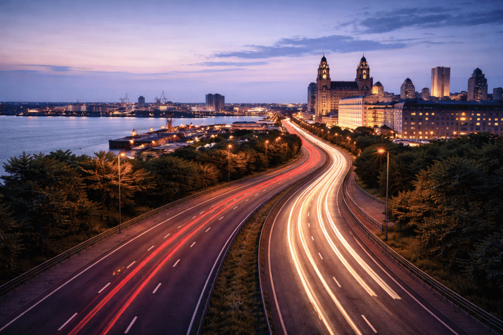 Same-day courier service operating in Liverpool city centre with traffic light trails