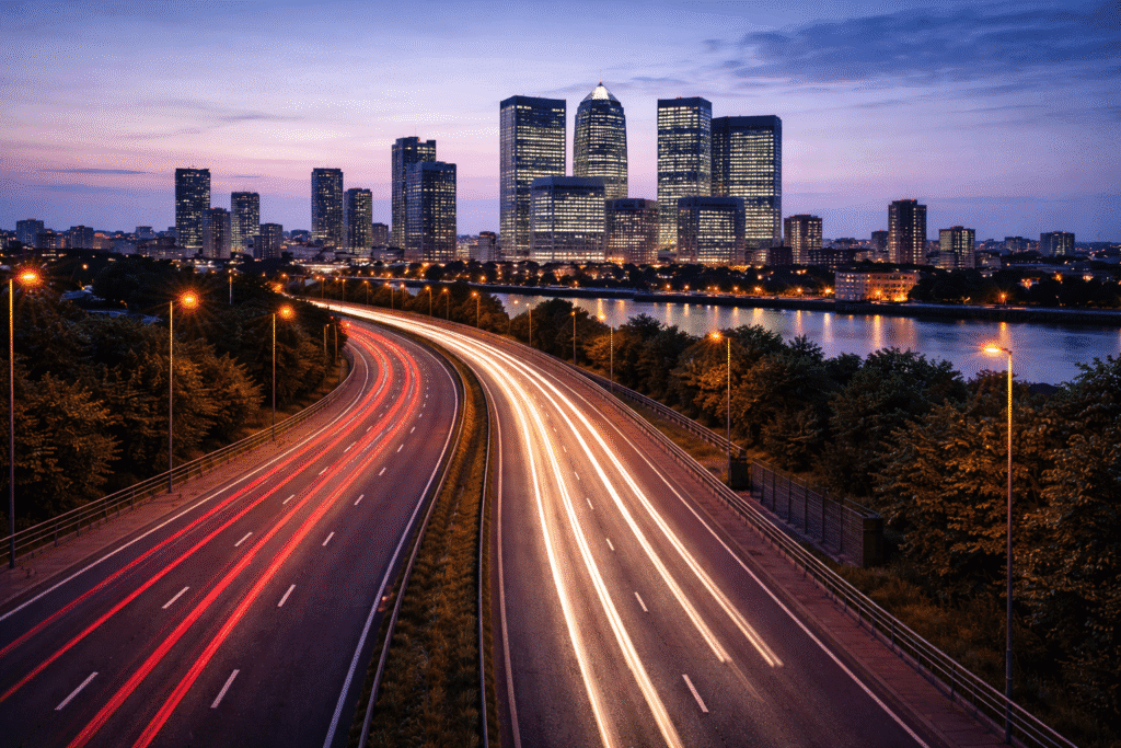 Urgent same-day courier operating in London with city traffic light trails
