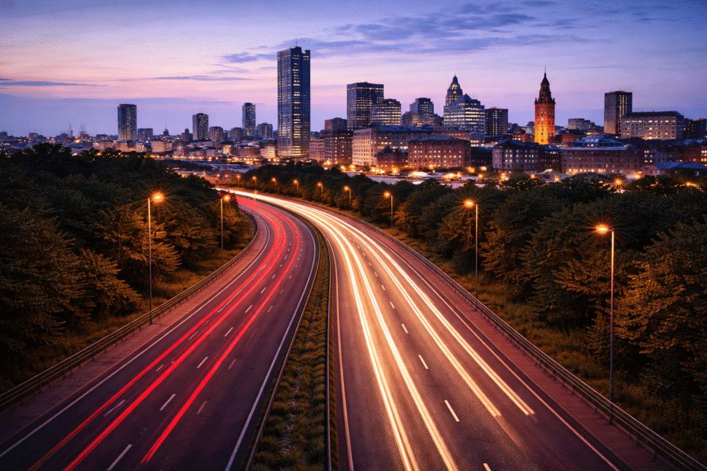Urgent courier delivery operating in Manchester city centre with traffic light trails
