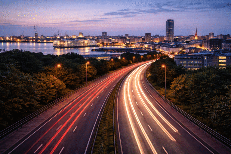 Same-day courier operating in Southampton with port city road light trails