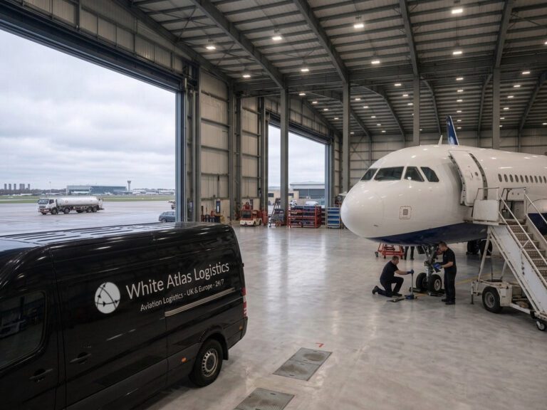 White Atlas Logistics AOG courier vehicle inside an aircraft maintenance hangar supporting time-critical aviation logistics and aircraft parts transport across the UK and Europe.