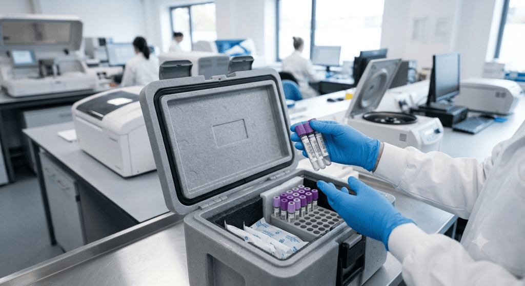 Gloved hands holding labelled biological specimen tubes above an open validated insulated transport container inside a pathology laboratory.