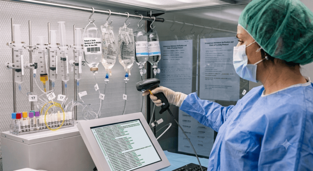 Healthcare professionals transferring sealed clinical trial specimen containers together with chain-of-custody documentation inside a pharmaceutical research laboratory.