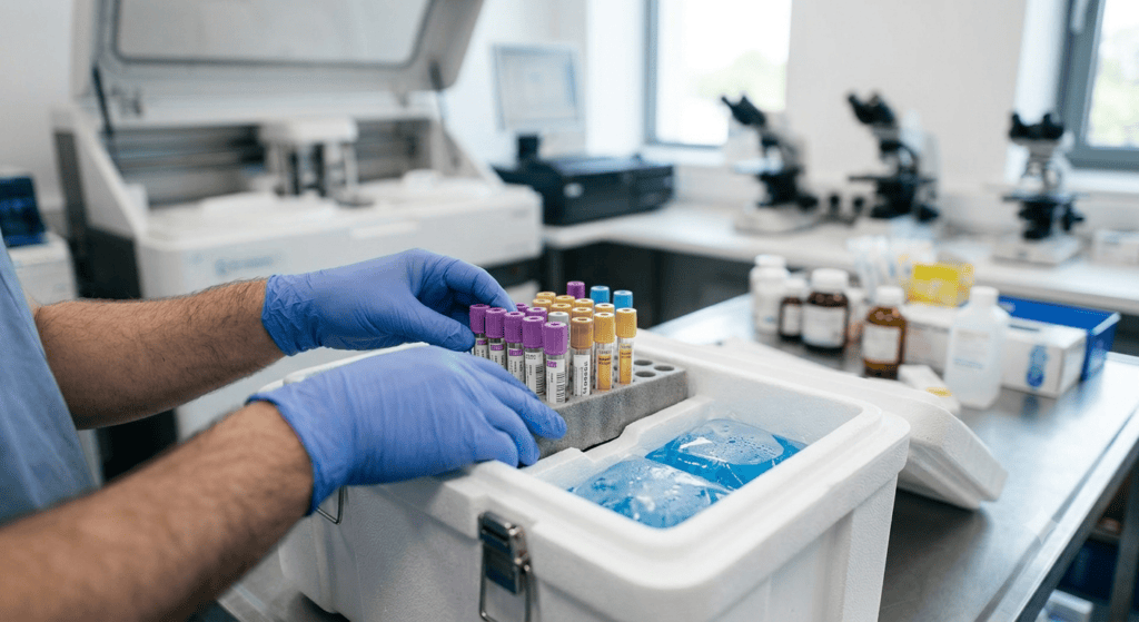 Gloved hands placing blood sample tubes into a validated insulated specimen transport container with coolant packs inside a modern pathology laboratory.