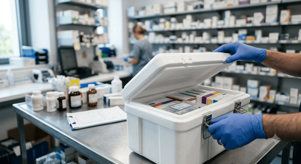 Gloved hands opening a validated insulated pharmaceutical transport container containing temperature-controlled medicines inside a modern UK hospital pharmacy.