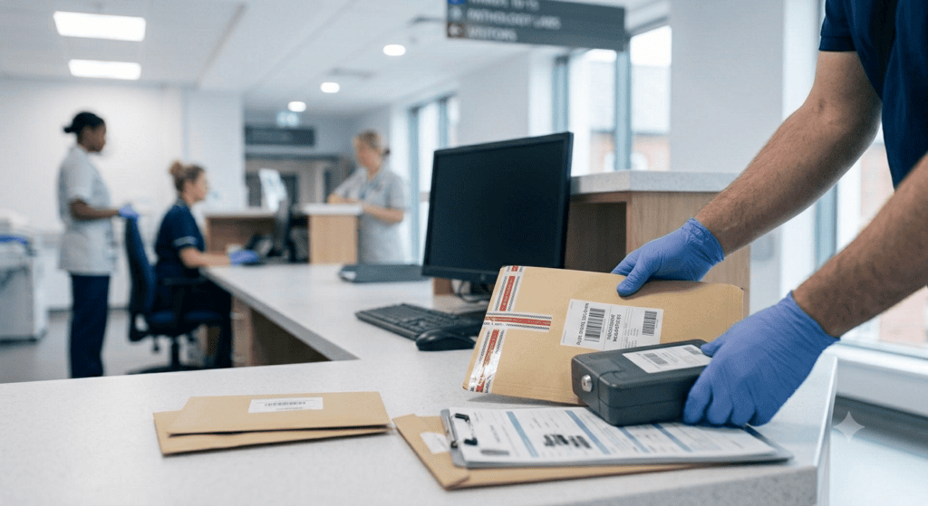 Gloved hands placing sealed confidential medical records and secure healthcare consignments onto a hospital ward reception desk.