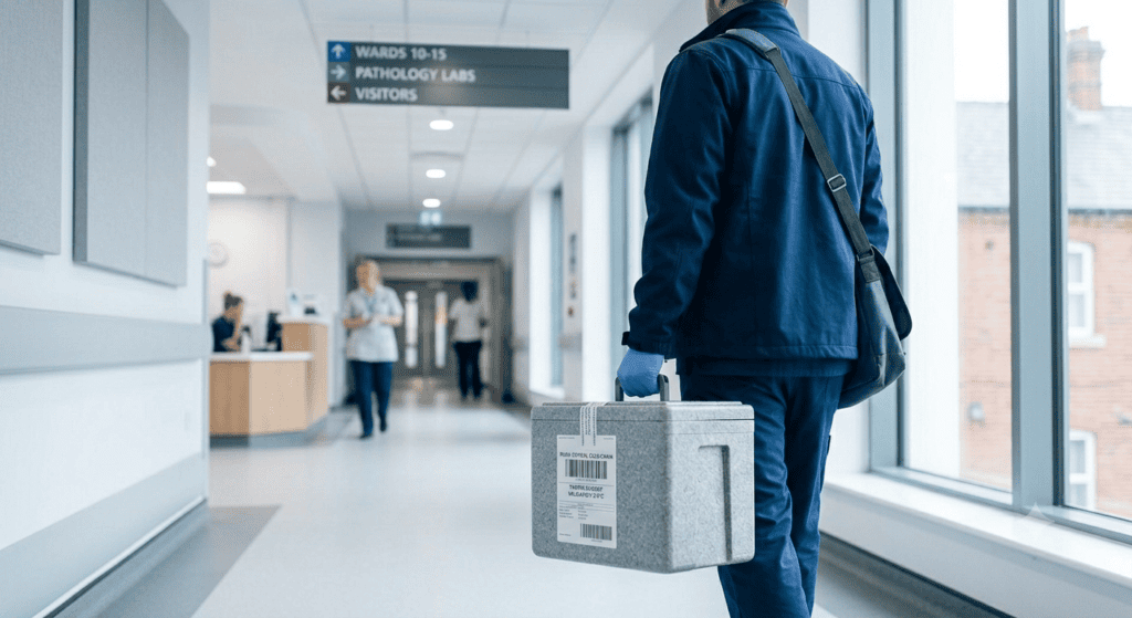 Medical courier carrying a validated insulated specimen transport case through a bright modern UK hospital corridor.